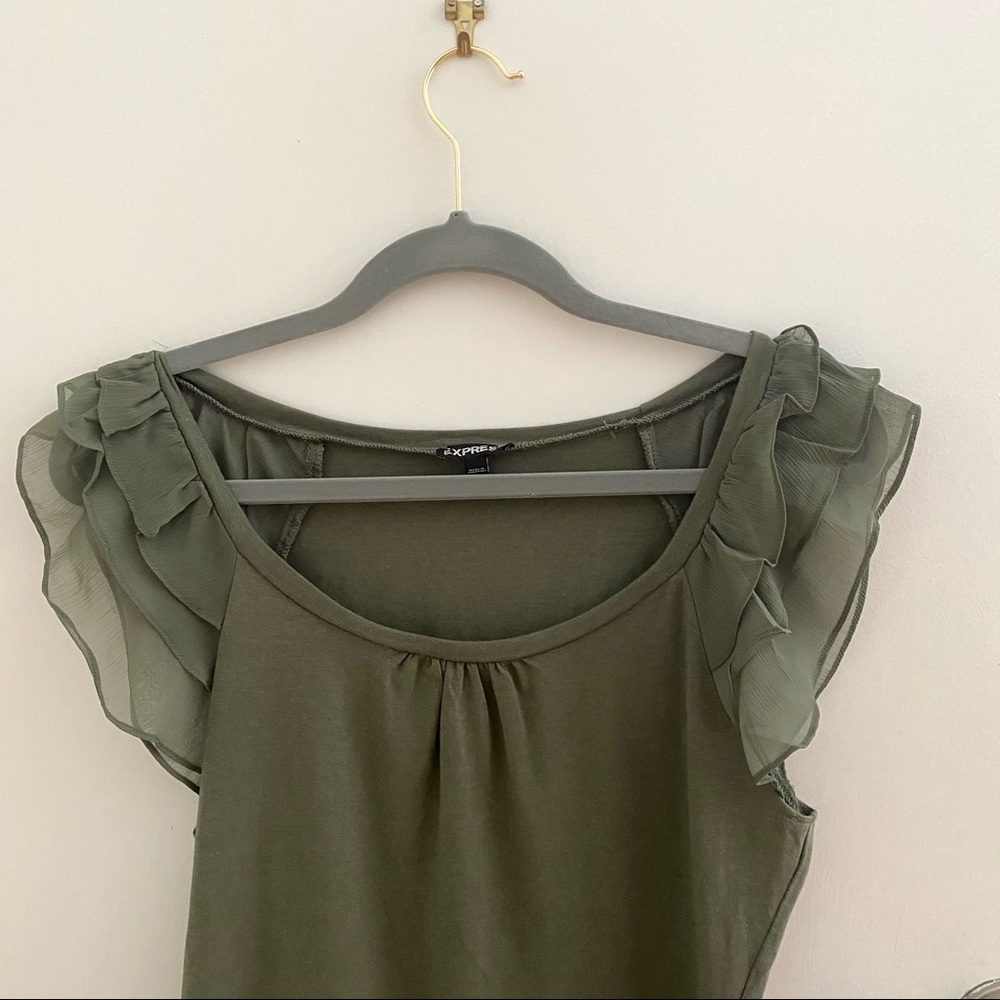 Express Olive Green Ruffle Top - Picture 2 of 6